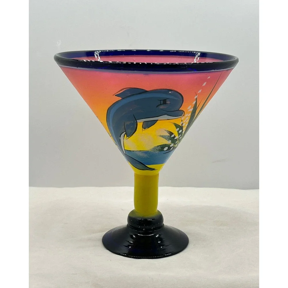 Hand Painted Dolphin Sunset Margarita Glass Cobalt Blue Rim Tropical Barware‎